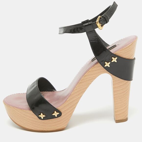 Louis Vuitton Black Patent Leather  Ankle Strap Sandals Size 38 - Picture 1 of 4